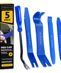 5 Piece Auto Trim Removal Tool Kit For Dash And Door Panels Non Scratch Nylon Pry Tools Clip Remover And Panel Pry Tools Included Pro Grade Interior Car Trim Set Blue next to packaging box