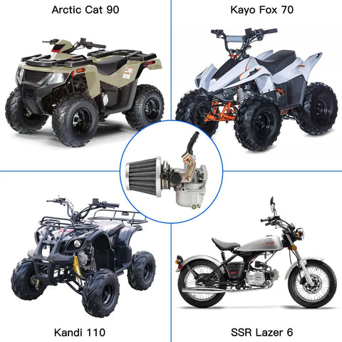 Collage of ATVs and dirt bike showcasing 19Mm Carburetor Choke Cable Works With 50Cc 70Cc 90Cc 110Cc 125Cc ATVs Go Karts Dirt Bikes