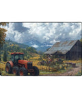 Farmhouse Tractor Area Rug 36x24 Inch Soft Non Slip Floor Mat with red tractor and barn design, machine washable indoor carpet
