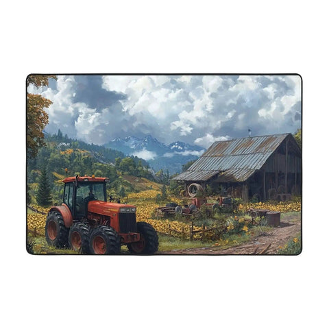Farmhouse Tractor Area Rug 36x24 Inch Soft Non Slip Floor Mat with red tractor and barn design, machine washable indoor carpet
