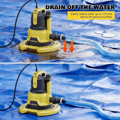 Badass Heavy Duty 1HP Submersible Pool Cover Pump With Detachable Base And Dual Outlets 3500 GPH Sump Drain Pump in action draining water.