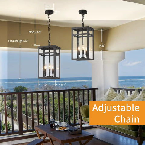 Three Light Outdoor Indoor Pendant Light Black Exterior With Seeded Glass Shade Dope Modern Chandelier for open porch view