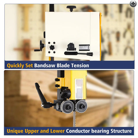 Image showing blade tension adjustment and bearing structure of Beast Of A 14 Inch Dual Speed Bandsaw For Woodworking With 2 HP 120V Motor.