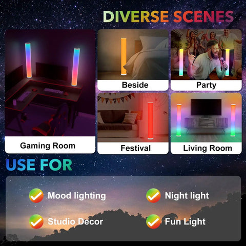 2 Pack Corner LED Floor Lamp With App Control RGB Color Changing Lights Music Sync Dimmable Brightness Modern Floor Lamp For Bedroom Living Room And Gaming Room Decor Lit Vibe displayed in diverse room settings including gaming room, bedroom, and living room
