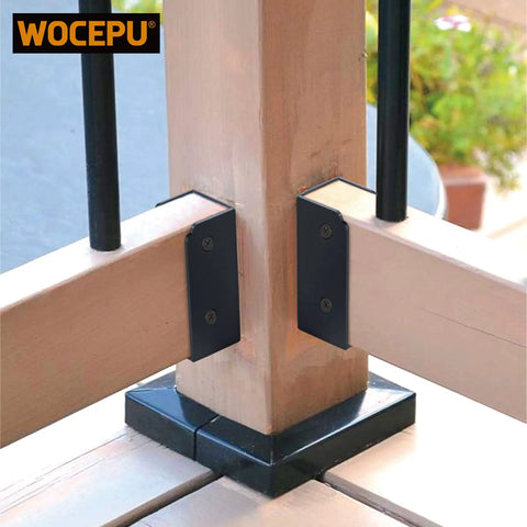 Four Pack Stainless Steel Deck Railing Brackets Connectors For 2x4 Wood Posts Black Finish Mounted on Wooden Posts