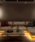 Neon Smart Indoor Outdoor Multi Color LED Light Strip 5M 16 Feet Waterproof RGB Tape lighting under modern living room couch.