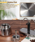 Premium Stainless Steel Moka Pot With Heavy Duty Dual Pipe Flow Tech For Pullin Quick Stovetop Espresso On Gas Or Induction Cooktops on wooden table