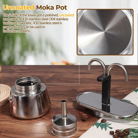 Premium Stainless Steel Moka Pot With Heavy Duty Dual Pipe Flow Tech For Pullin Quick Stovetop Espresso On Gas Or Induction Cooktops on wooden table