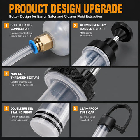 Close-up of upgraded 500Cc Fluid Extractor And Fill Pump with self-locking connector and aluminum handle, black
