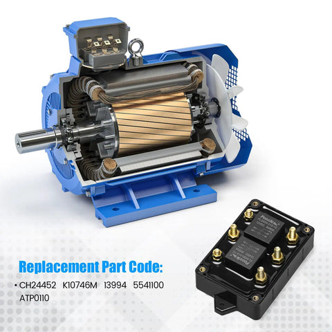 Heavy Duty 12V Forward Reverse Relay Module For Motor Control alongside a detailed cutout of an electric motor.