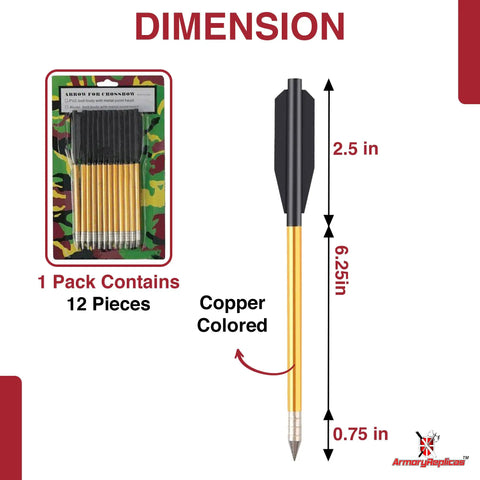 Replacement Crossbow Arrows 6.25 Inch Aluminum 12 Pack, copper shaft, black fletching, for 50-80 lb pistol crossbows, dimensions shown