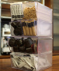 Stackable Cube Organizer With X Divider In Clear Plastic, Modular Storage Solution with linking clips for easy access to small items.