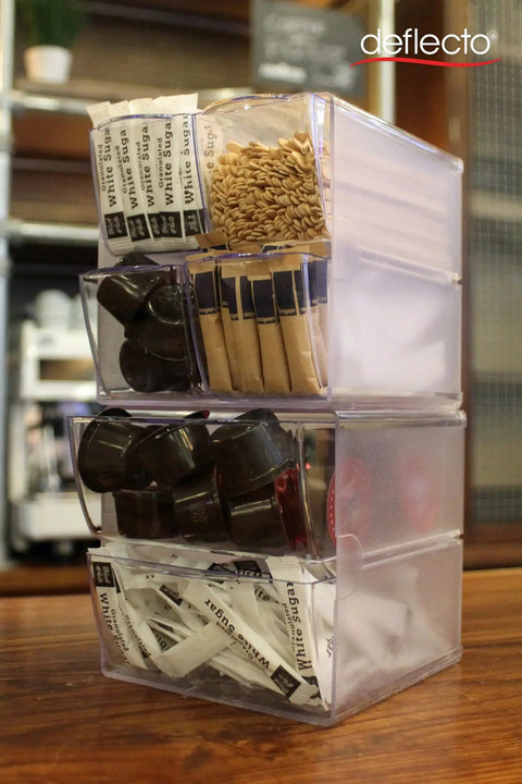 Stackable Cube Organizer With X Divider In Clear Plastic, Modular Storage Solution with linking clips for easy access to small items.