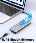 Triple Display USB C Docking Station For Laptops And Windows connected to laptop showing RJ45 Gigabit Ethernet capability
