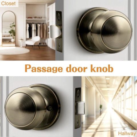 Antique Brass Interior Door Knob Set For Hallways And Closets Non Locking Passage Knobs With Round Ball Handles DIY Friendly, Easy Install