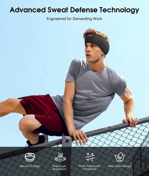 Man wearing All In One Bluetooth Sleep Headband With HD Stereo Speakers For Sleep And Comfort Wireless Earbuds Built In Eye Mask climbing fence.