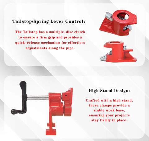 Versatile 4 Pack Three Quarter Inch H Style Pipe Clamp Set With Quick Release For Woodworking Carpentry Home Improvement And DIY Projects Built For Stable Heavy Duty Clamping featuring tailstop and spring lever control