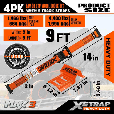 Heavy Duty Wheel Chock And E Track Tie Down Straps Kit Four Pack 2 Inch By 9 Foot Ratchet Straps With Steel Wheel Chocks