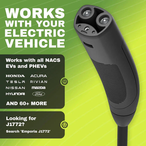 NACS connector for Level 2 EV Charger With NACS For Tesla And All Plug-In Vehicles, No Adapter Needed, compatible brands listed