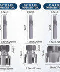 Dimensions and sizes of 4 in 1 PVC Pipe Threader Kit for One Half, Three Quarters and One Inch Pipes, Internal and External Threading Tool