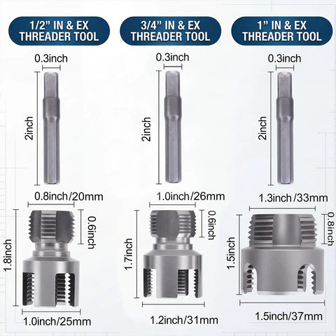 Dimensions and sizes of 4 in 1 PVC Pipe Threader Kit for One Half, Three Quarters and One Inch Pipes, Internal and External Threading Tool