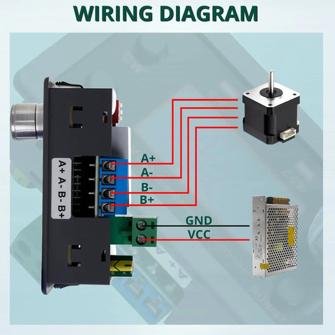 Wiring diagram of 2 In 1 Integrated Stepper Motor Driver And Controller For Nema 17 And Nema 23 Motors, showing connections with labels.