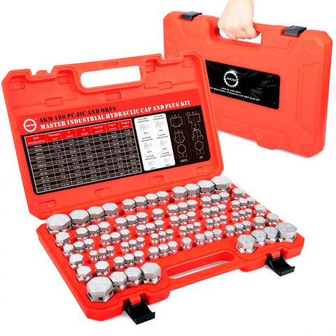 JIC and ORFS Hydraulic Cap and Plug Kit for Industrial Hose, Tube and Pipe Fittings, Pro Grade Precision Threading in ORFS and 37 Degree Dash Sizes 4 6 8 10 12 16 displayed in red case