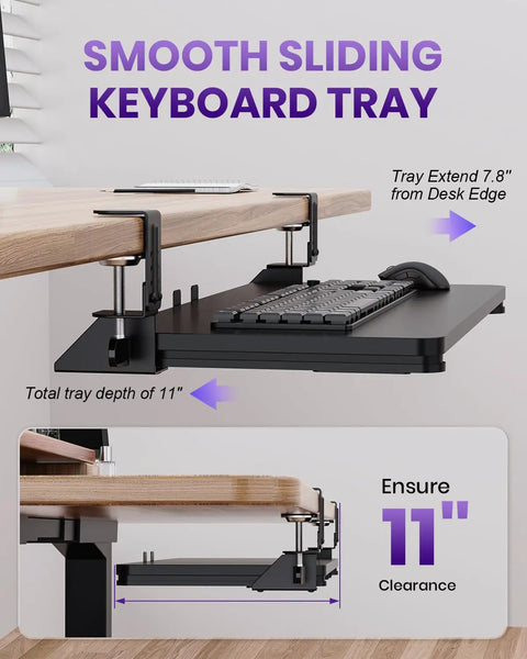 Under Desk Keyboard And Mouse Tray With Pull Out Slide, Adjustable C Clamp, 20 Inch By 11.8 Inch Surface, mounted under desk