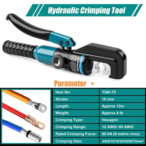 Hydraulic Crimping Tool Kit For Battery Cables And Wire Rope, 6 Ton Crimping Force With 9 Dies, YQK-70 shown with specifications