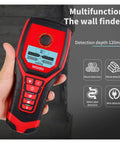 Hit The Sweet Spot Every Time With This Four In One Wall Scanner And Stud Finder detecting wood and metal with digital display in hand.