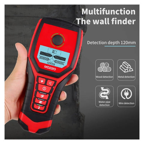 Hit The Sweet Spot Every Time With This Four In One Wall Scanner And Stud Finder detecting wood and metal with digital display in hand.