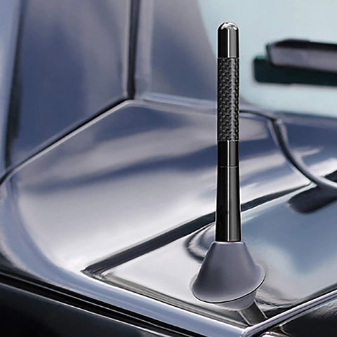 Short Carbon Fiber Car Antenna Mast 4.7 Inch Replacement With 6Mm Thread Adapter installed on vehicle hood