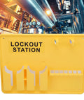 Lockout Tagout Station For Industrial Safety Deformation Proof Fifteen Point Two By Eleven Point Four Inches Tough As Nails PC Build Bright Safety Yellow Visibility Rugged Wall Mount Organizer For OSHA Compliance. Yellow wall-mounted lockout station for industrial pipes