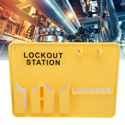 Lockout Tagout Station For Industrial Safety Deformation Proof Fifteen Point Two By Eleven Point Four Inches Tough As Nails PC Build Bright Safety Yellow Visibility Rugged Wall Mount Organizer For OSHA Compliance. Yellow wall-mounted lockout station for industrial pipes
