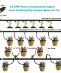50 Pack 0.5 GPH Pressure Compensating Drippers For Garden Irrigation System, diagram with plants and tubing setup