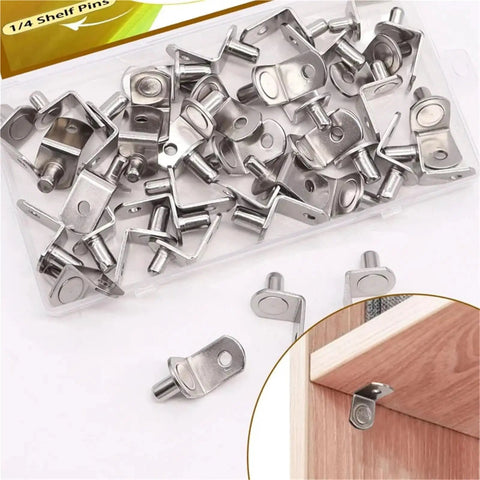 Heavy Duty Shelf Pins And L Shaped Brackets Nickel Plated Set For Kitchen Cabinets 50 60 70 Piece Pack shown in a plastic box