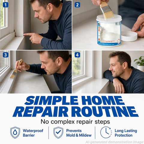 Man applying Heavy Duty Multi Surface Waterproof Sealant Spray to seal cracks in window frame, ensuring long-term coverage.