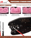 Close-up of JRready ACT-LY crimping tool and crimped contacts with compression percentages for different AWG sizes.