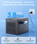 Portable Power Station 600W With 576Wh LiFePO4 Battery, showing charging options and time to recharge to 80%.