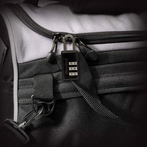 Set Your Own Three Digit Combo Luggage Lock 2 Pack for Travel Suitcases and Backpacks Custom Padlock on a black backpack