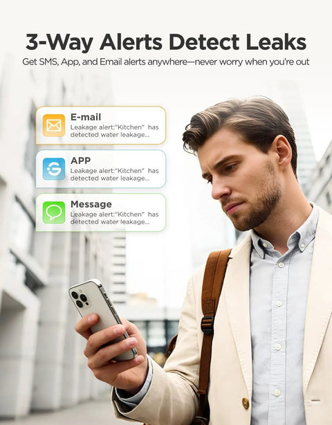 Man receiving alerts on phone from Upgraded Smart Water Leak Detector With 4.92 Ft Cable, WiFi Sensor That Sends SMS, Email And App Alerts.