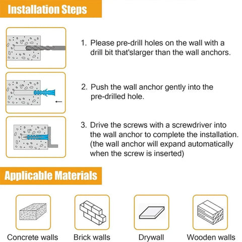 Installation steps for Drywall Anchor And Screw Kit Featuring 270 Anchors And 135 Screws Durable Carbon Steel Construction