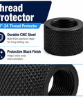 5/8X24 Thread Protector Cap in black, CNC machined steel, protects rifle threads from damage and debris.