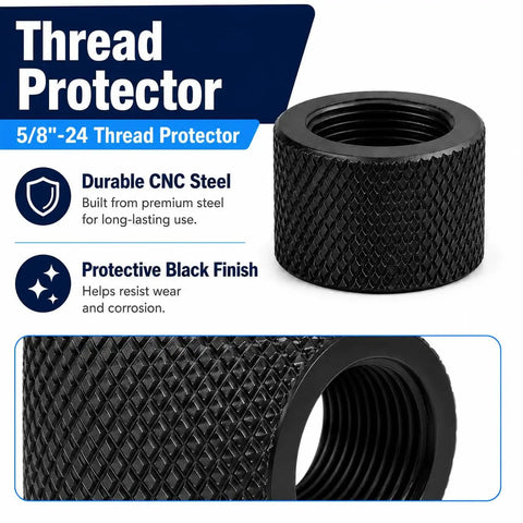 5/8X24 Thread Protector Cap in black, CNC machined steel, protects rifle threads from damage and debris.
