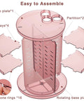 Eight Height Adjustable Spinning Makeup Organizer assembly diagram with parts labeled, showing rotation and height adjustment features