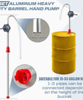 Heavy Duty Two Pack Manual Drum Pump For 55 Gallon Barrels And 15 To 55 Gallon Tanks, aluminum construction with red handle and clear hose.