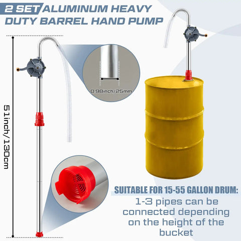 Heavy Duty Two Pack Manual Drum Pump For 55 Gallon Barrels And 15 To 55 Gallon Tanks, aluminum construction with red handle and clear hose.