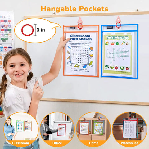 Girl using Dry Erase Pockets With Rings, 30 Pack, 10x14 Oversized Clear Sheet Protectors in classroom setting
