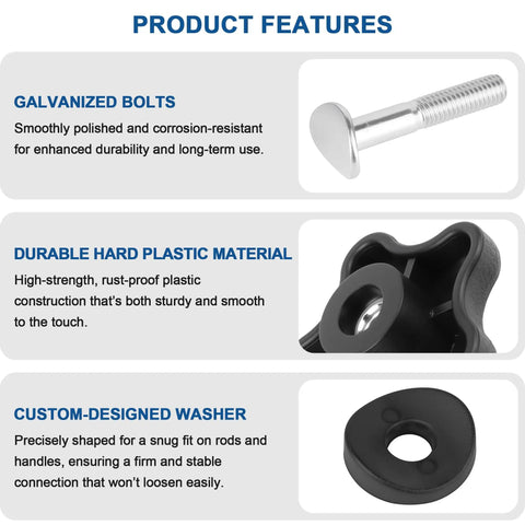 4 Pack Handle Knob And Screw Bolt Washer Kit For Lawn Mowers Snow Blowers And Recycler TimeMaster Replacement Parts Includes 92 2260 106 4161 107 3844 117 5976 Value Pack Fits Various Models product features showing galvanized bolt, plastic knob, and custom washer