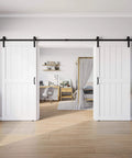 White Barn Door 68 By 84 Inches With Double 34 By 84 Panels Dope Sliding Hardware Kit Twelve Feet Front Mounted Handle Pre Drilled Ready To Assemble Waterproof PVC Coating Heavy Duty H Frame Space Saving Room Divider